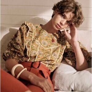 Sézane | Angeline Blouse Mustard Floral Ruffle Bib Top | Sz 2 / 34